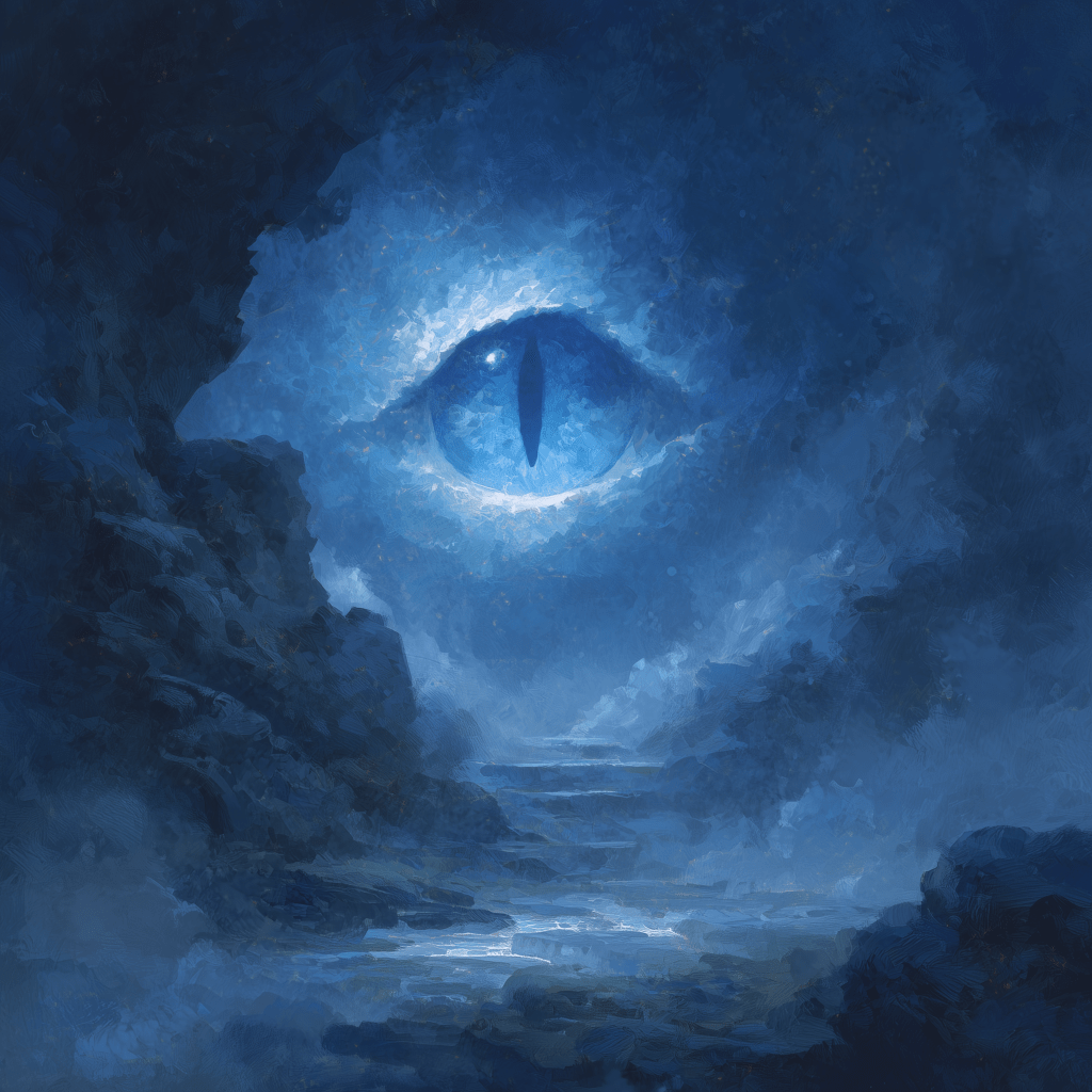 A mystical, atmospheric landscape featuring a large, glowing blue eye set against a dark, rocky backdrop with swirling clouds, evoking a sense of awe and mystery.