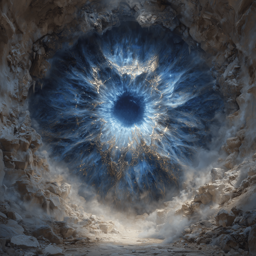 A surreal, large blue eye with striking details, surrounded by swirling patterns and light effects, set against a rocky cave backdrop with a mystical atmosphere.