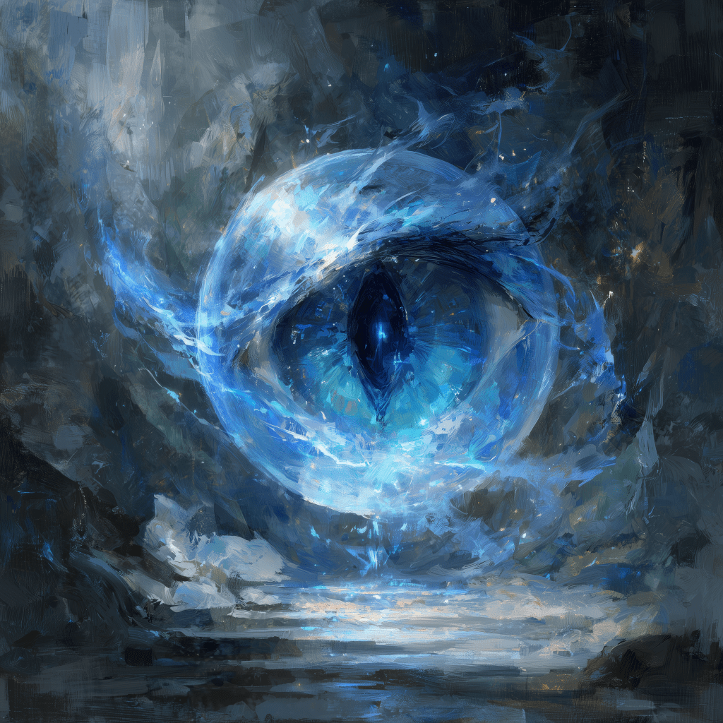 A mystical blue eye surrounded by swirling clouds and a dark background, creating a cosmic atmosphere.