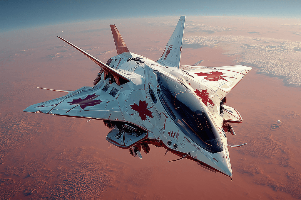 Futuristic spacecraft adorned with Canadian flag motifs, soaring above a reddish landscape, with intricate design features and a sleek profile.
