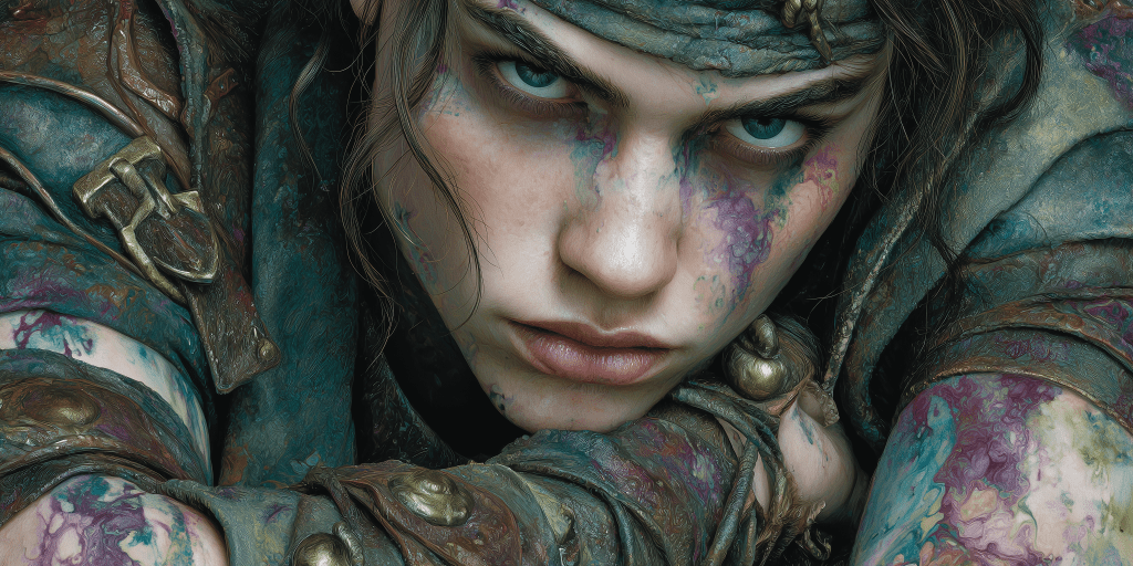 Close-up of a young person with intense eyes and paint-like markings on their face, wearing a textured outfit with metallic accessories.