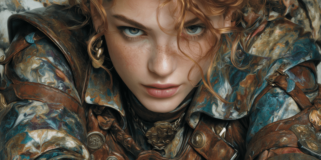 A close-up portrait of a young woman with curly hair, wearing intricately designed armor. Her intense gaze conveys strength and determination, with freckles visible on her fair skin.