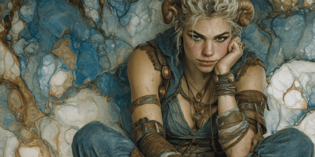 A young woman with curly hair and ram-like horns sits thoughtfully against a textured blue and white background, adorned in a rustic outfit with layered accessories.