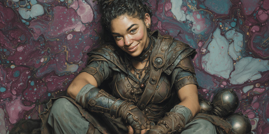 A young woman with curly hair smiles while wearing a textured, brown warrior outfit. She is seated against a colorful abstract background with swirls of purple and blue.