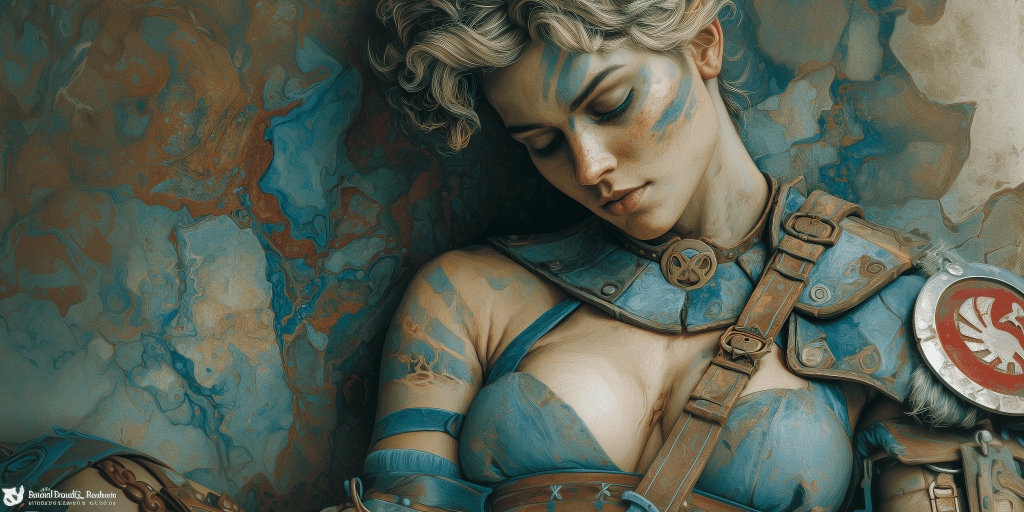 A young woman with a braided hairstyle, adorned in blue and silver warrior armor, lays her head down against a textured, abstract background. Her face is painted with blue markings, showcasing a serene expression.