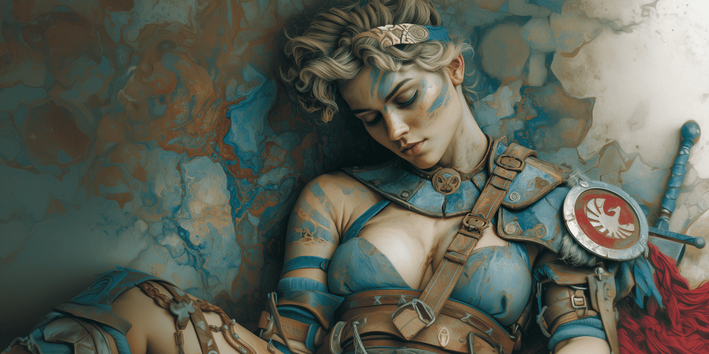 A warrior woman with short blonde hair and blue face paint, wearing armor and a chest plate, resting against a textured background with shades of blue and brown.