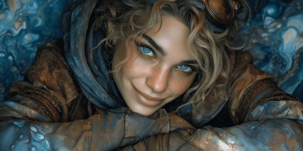 A young woman with curly hair and goggles, smiling softly while leaning on her arms, surrounded by an abstract, colorful background.