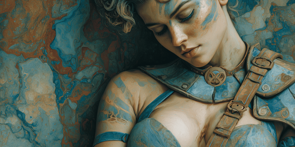 A close-up portrait of a warrior woman with intricate armor and blue body paint, resting her head against a colorful, textured background.