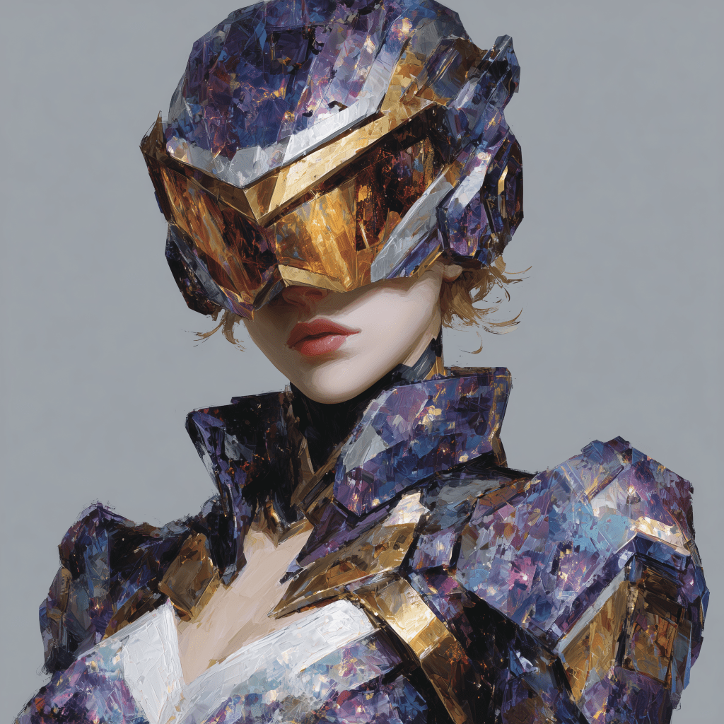 A digital illustration of a female character wearing a futuristic, colorful armor with a helmet that obscures her eyes, featuring a blend of purple and gold tones.