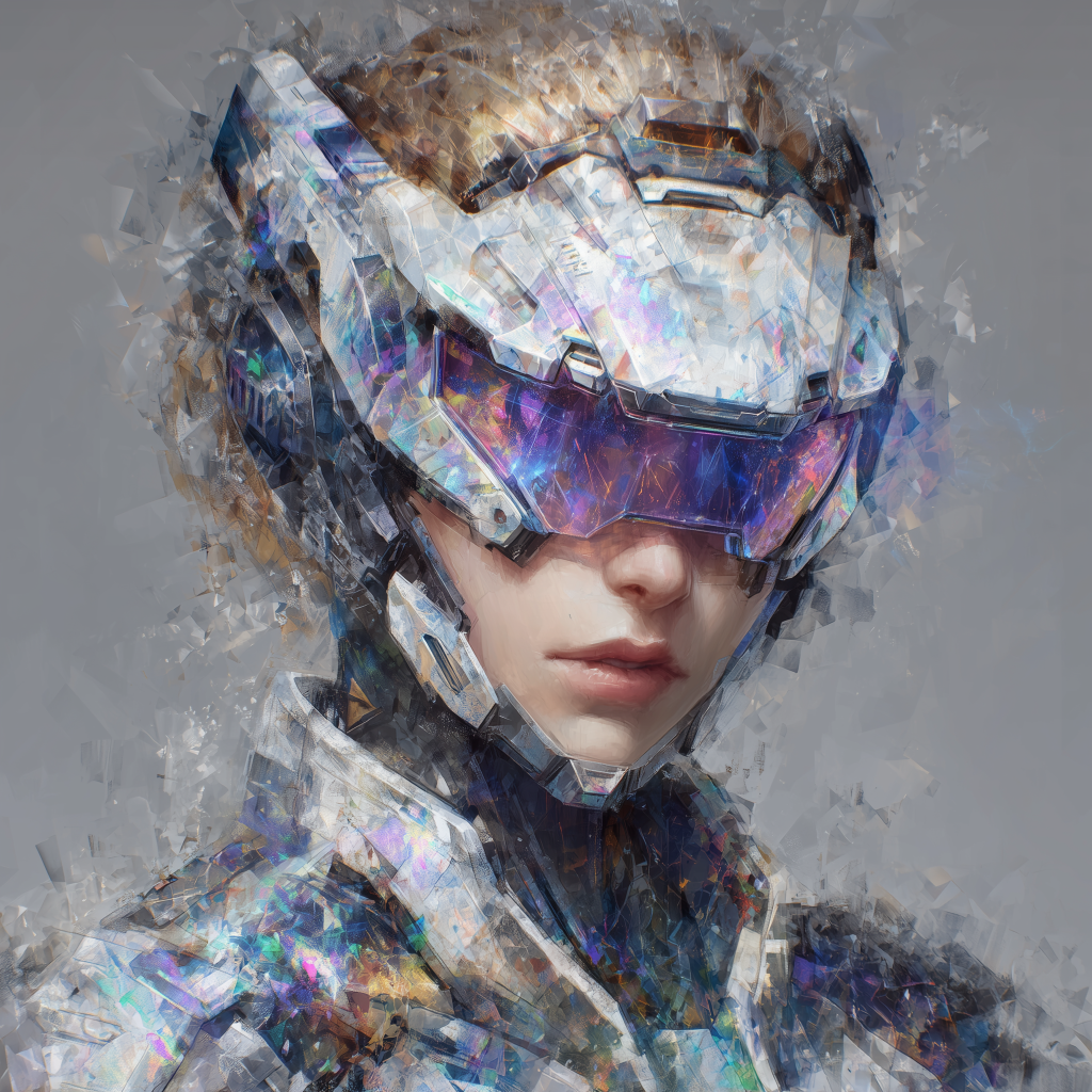 A futuristic female soldier wearing a high-tech helmet with reflective visor and a sleek armor, featuring a fragmented and abstract art style.