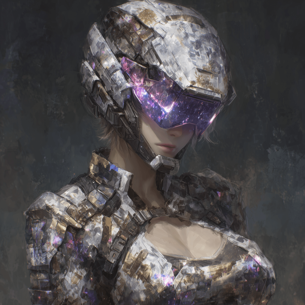 A futuristic female soldier in a high-tech armored suit with a metallic and crystal-like texture, wearing a visor that glows with purple light.