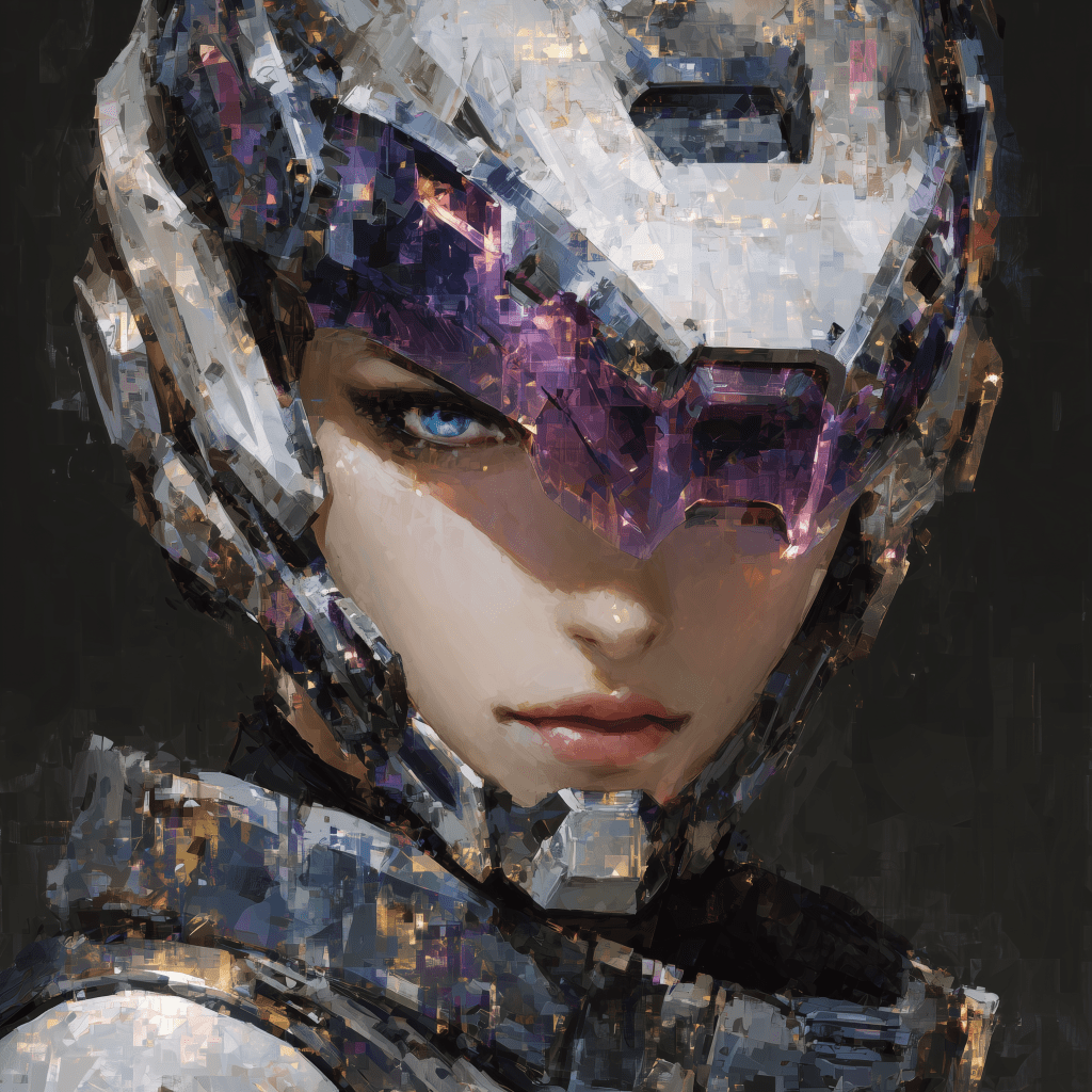 Close-up of a futuristic female figure wearing a sleek, metallic helmet with purple accents and a robotic armor, featuring intense blue eyes against a dark background.