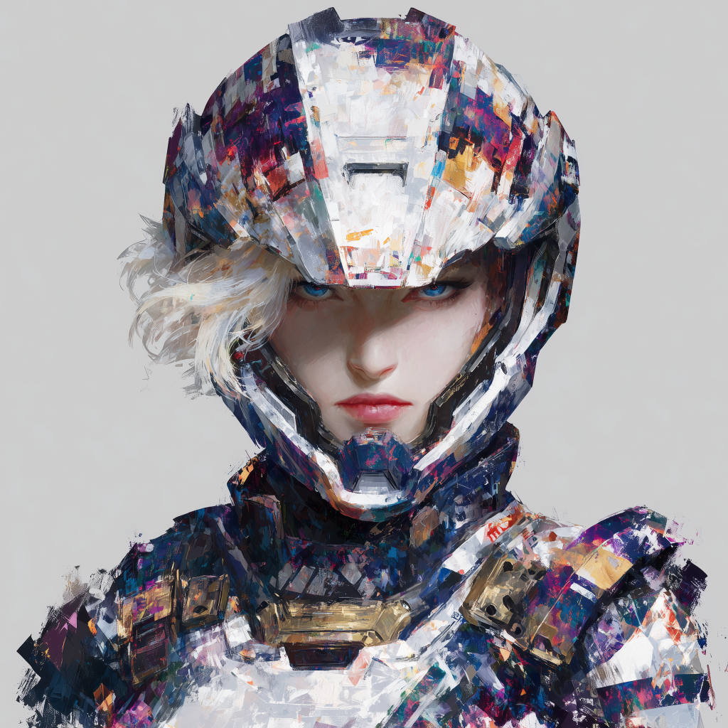 A close-up portrait of a female character in a futuristic armored suit with a distinctive helmet, featuring dramatic lighting and vibrant colors.