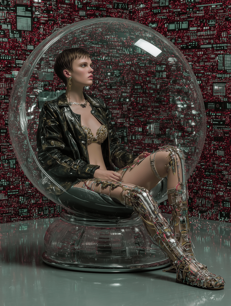 A futuristic woman seated in a transparent bubble chair, wearing a stylish metallic outfit and elaborate robotic leg coverings, against a backdrop of a digital circuit board pattern in red and black.