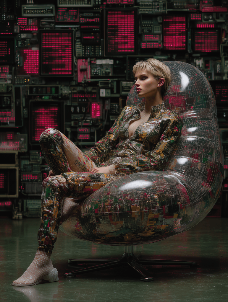 A woman with short hair is seated in a transparent, modern chair against a backdrop of glowing pink and black electronic circuit designs. She wears a colorful, patterned jumpsuit that reflects a futuristic aesthetic.