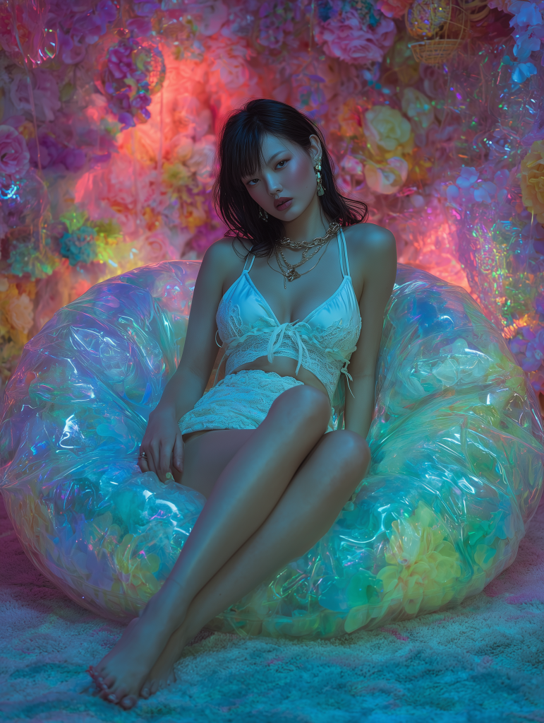 A woman in a delicate white lingerie set seated on a colorful, translucent bean bag surrounded by vibrant floral decorations and soft lighting.