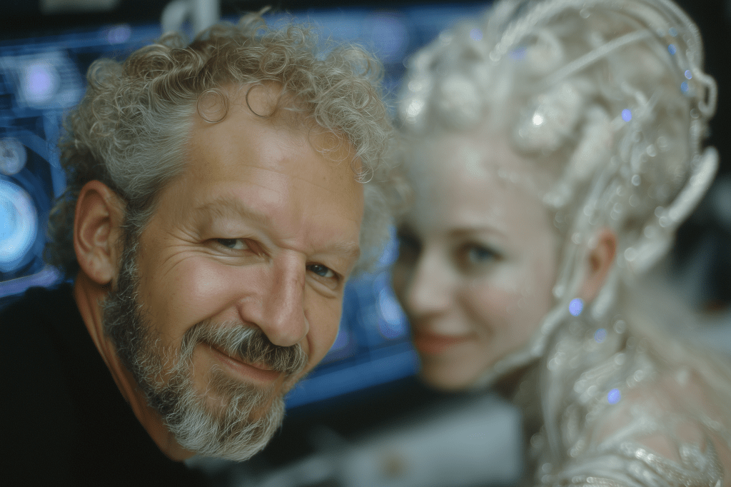 A smiling man with curly hair and a beard poses for a photo with a woman wearing an elaborate silver costume and intricate hairstyle, set against a blurred background of technological displays.