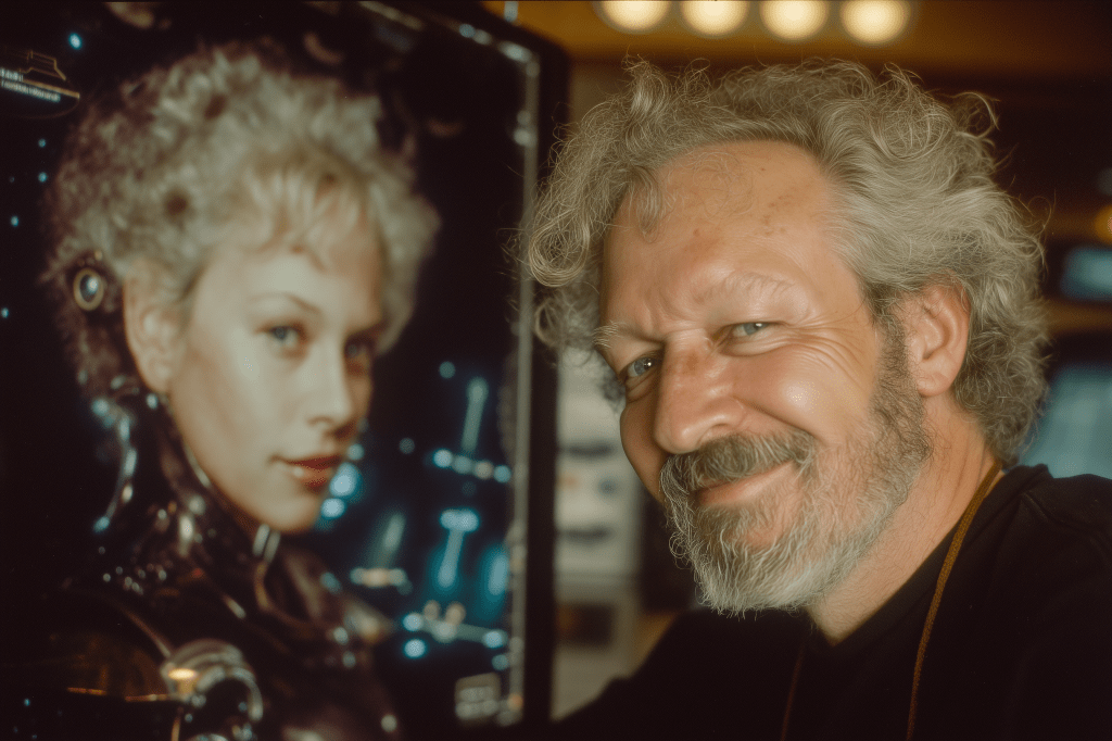 A man with curly gray hair smiles in front of a futuristic artwork depicting a female cyborg with curly hair.