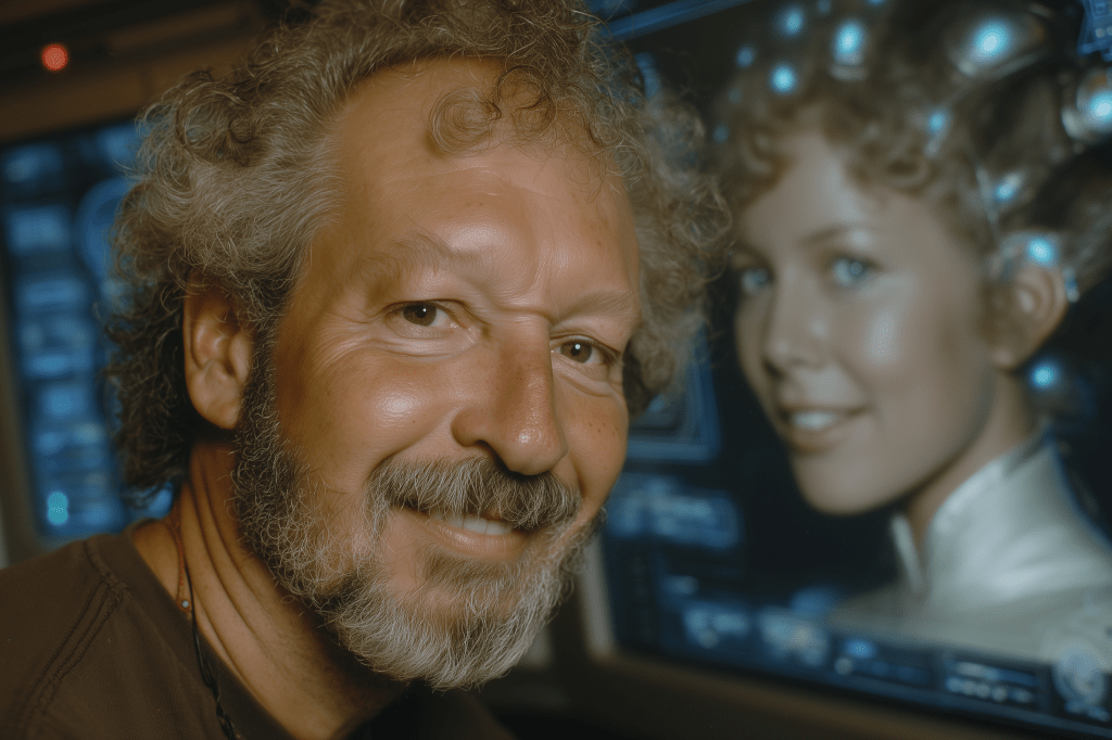 A smiling man with curly hair and a beard sits in front of a futuristic screen displaying an image of a woman with a sci-fi hairstyle and bright expression.