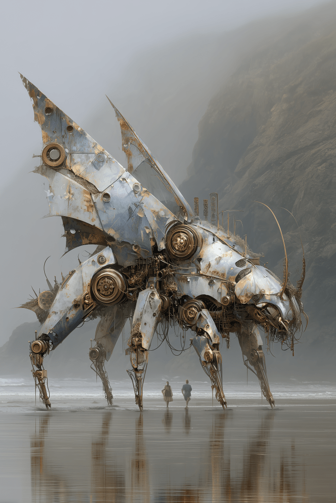 A large, futuristic robotic creature resembling a mechanical insect stands on a beach, with two human figures walking nearby. The atmosphere is foggy, and the cliffside is visible in the background.