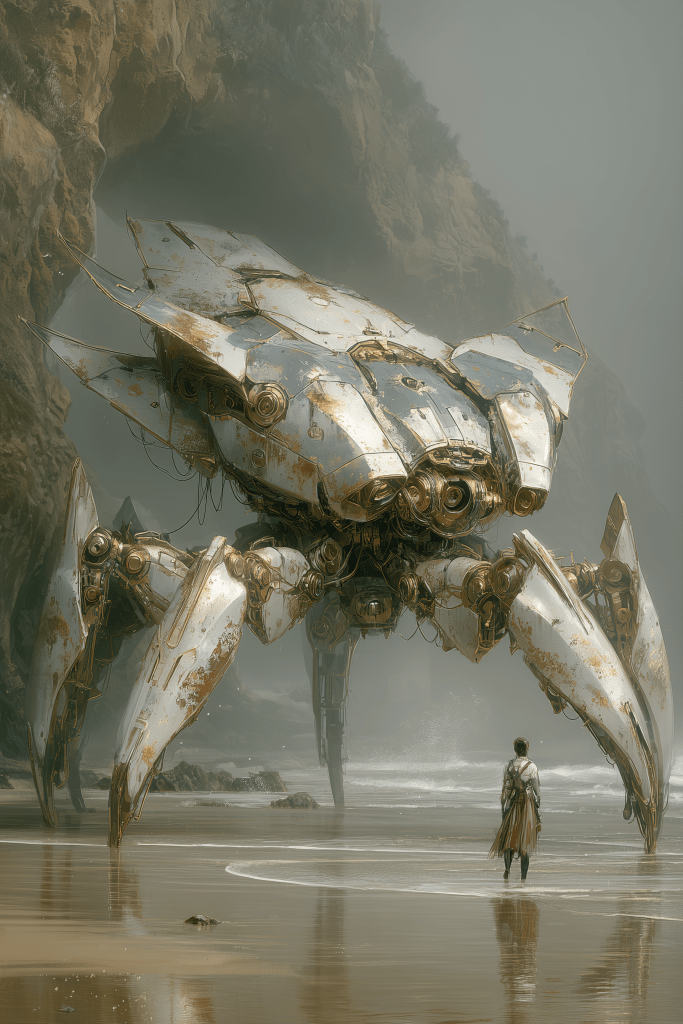 A futuristic robot resembling a large spider stands on a beach while a person in a flowing robe gazes at it in wonder.