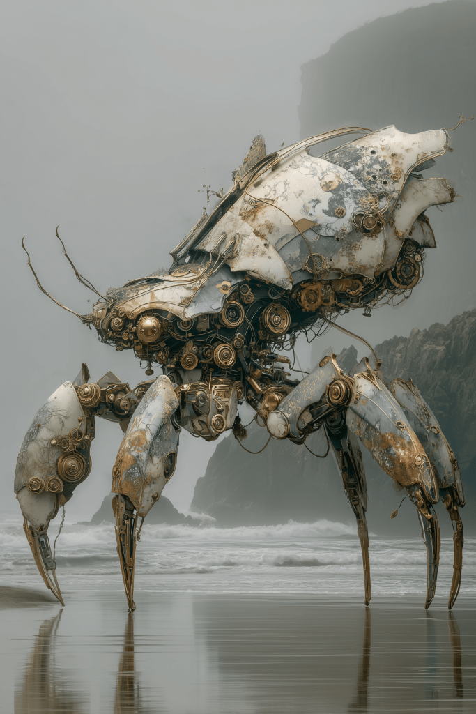 A futuristic, mechanical crab with intricate details and metallic textures standing on a foggy beach.