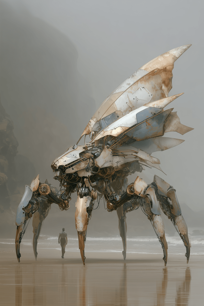 A futuristic mechanical crab-like robot stands on a foggy beach, towering over a person walking in the foreground.