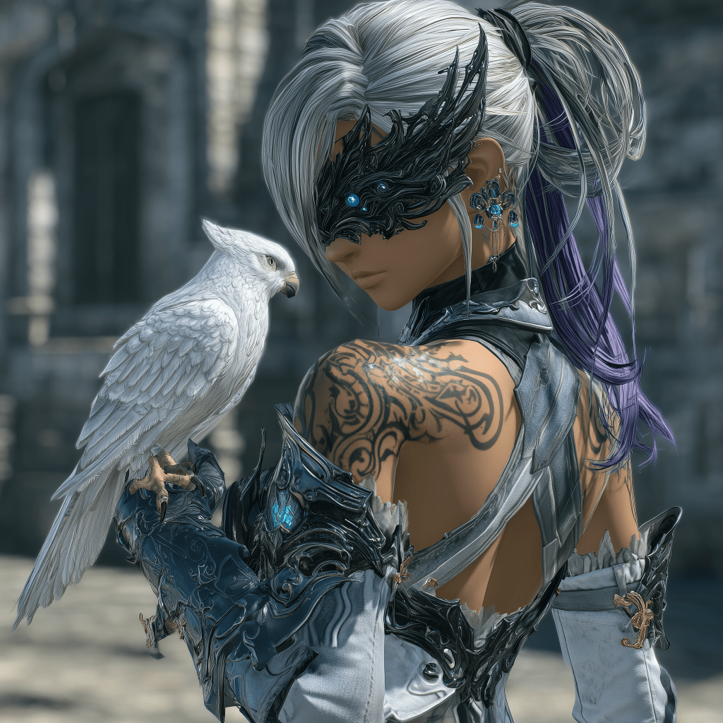 A character with long silver hair wearing a black ornate mask and intricate armor, holding a white bird on their arm, set against a castle-like background.