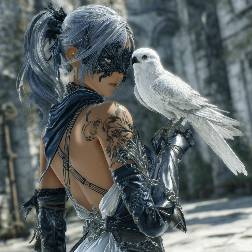 A person with silver hair and a decorative mask standing outdoors, holding a white bird on their arm, showcasing intricate tattoos and stylish armor.