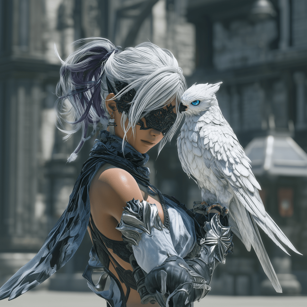 A fantasy character with long white hair and a black mask, holding a white owl perched on their arm in an ancient-looking setting.