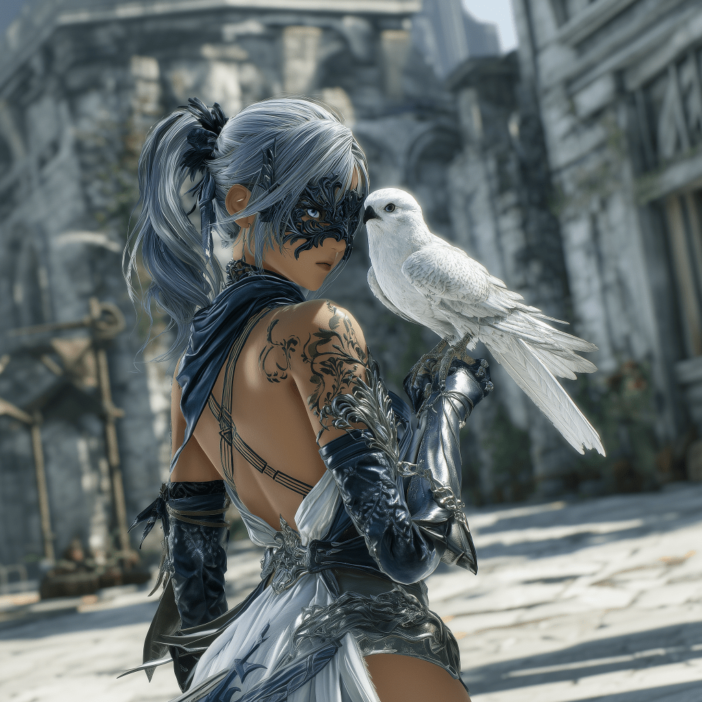 A character with silver hair and a mask, wearing elaborate armor, holds a white bird in a sunlit, ancient-looking urban environment.