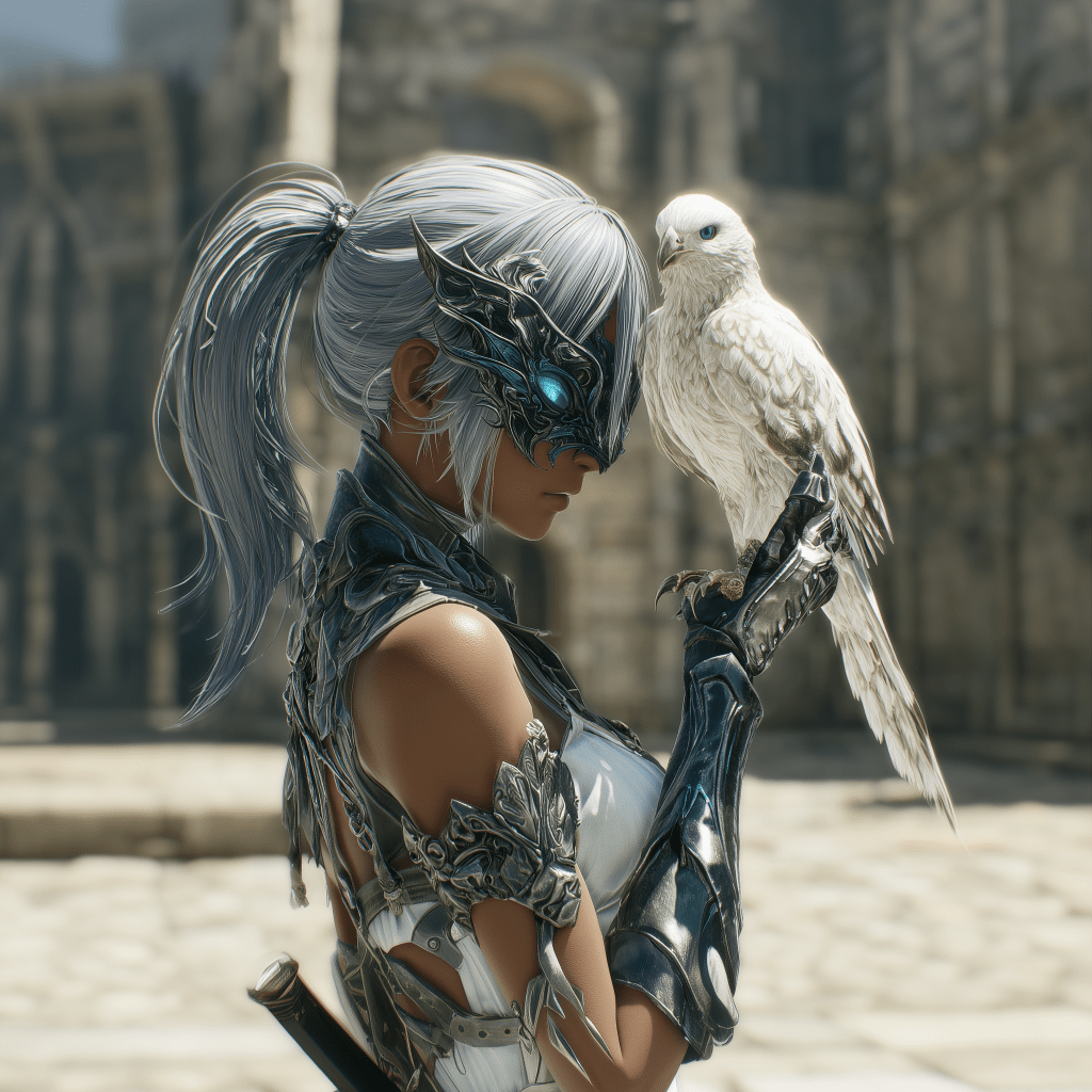 A female warrior with silver hair and a dark, ornate mask gently holds a white bird on her hand in a medieval stone courtyard.