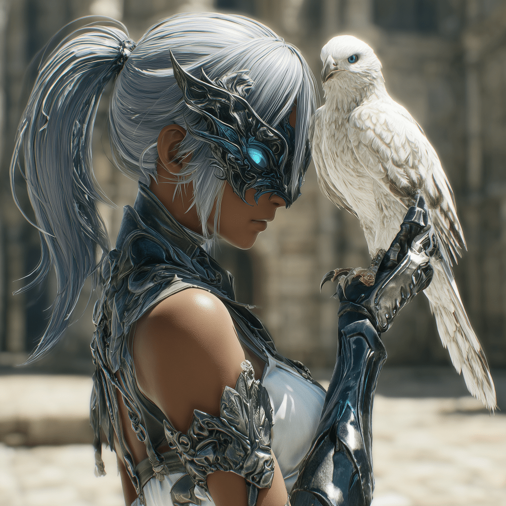 A character in dark, ornate armor with a silver mask is holding a white bird on their gloved hand, set against a blurred architectural backdrop.