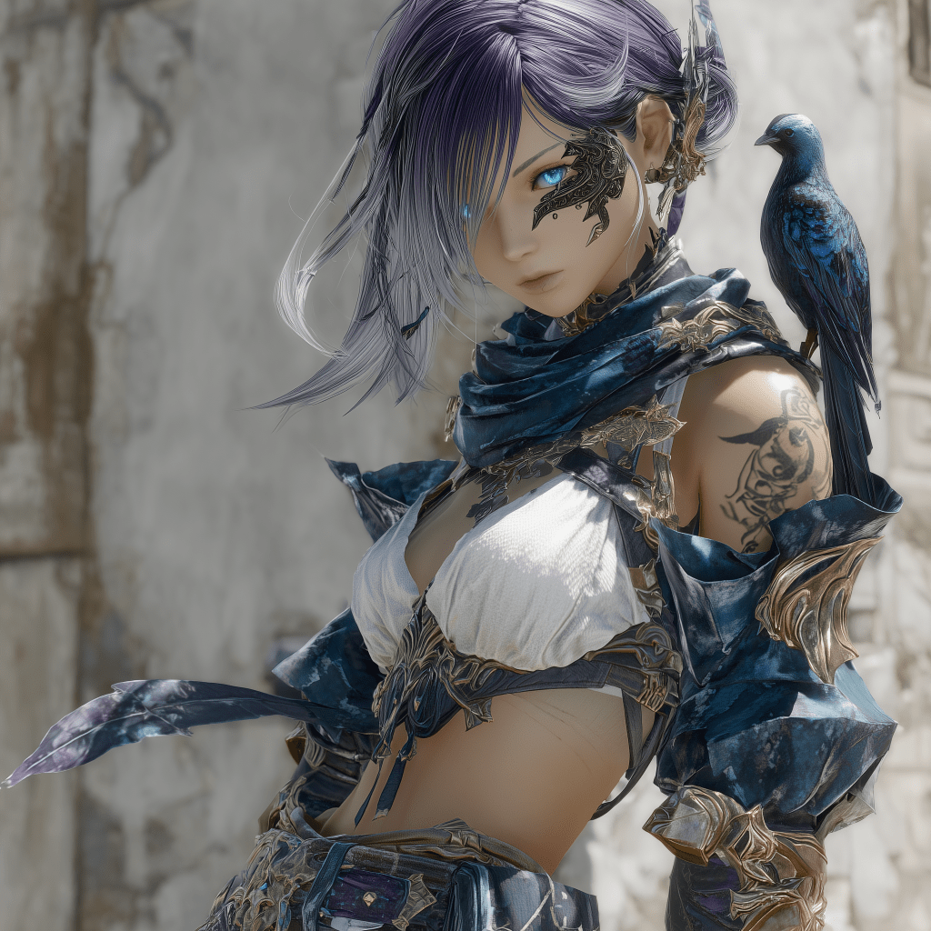 A fantasy character with purple hair and striking blue eyes, wearing intricate armor and a blue scarf. A small blue bird perches on her shoulder against a textured background.