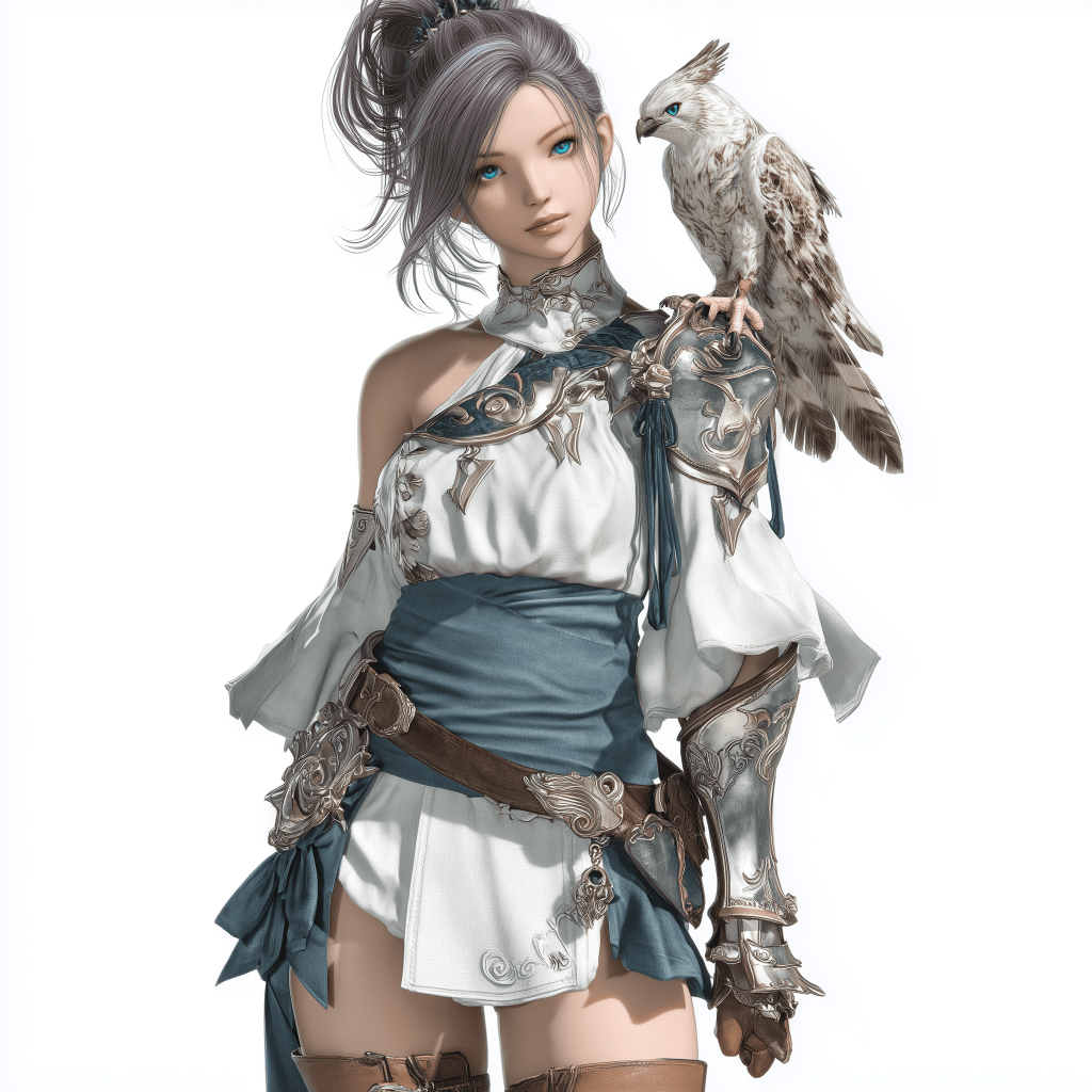 A fantasy character with silver hair wearing ornate clothing, posing confidently with a falcon perched on her shoulder.