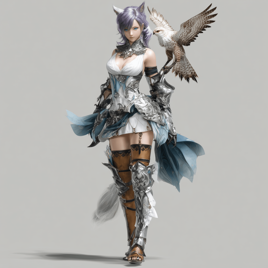 A fantasy character wearing intricate silver armor and a white dress, accompanied by an owl perched on her arm. She has purple hair and feline ears, standing confidently against a neutral gray background.