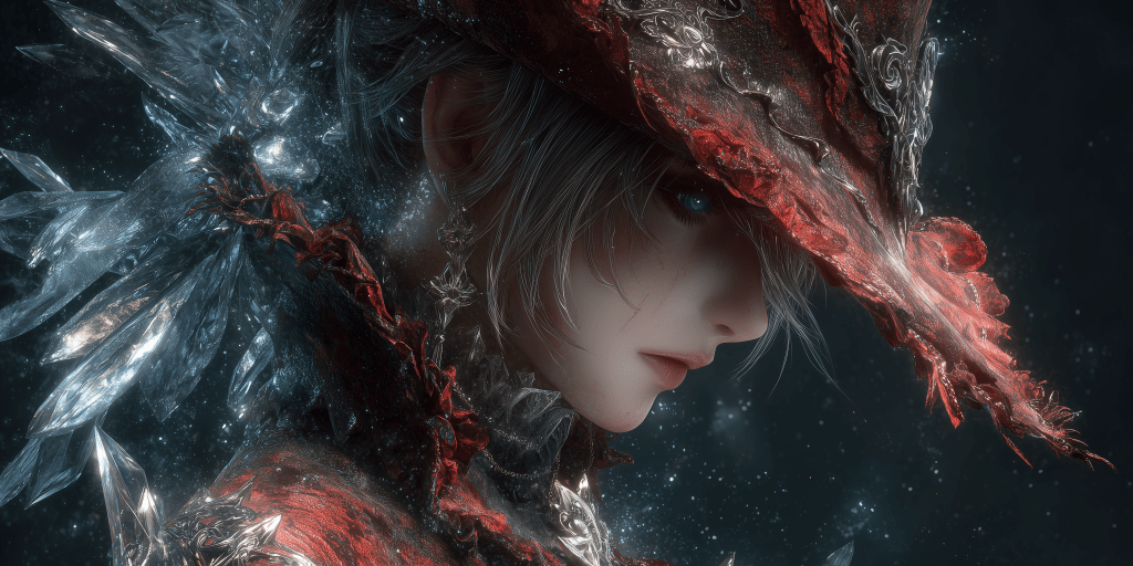 A close-up profile of a character wearing an ornate, red hat embellished with silver details, surrounded by crystalline structures that reflect light, creating a mystical atmosphere.
