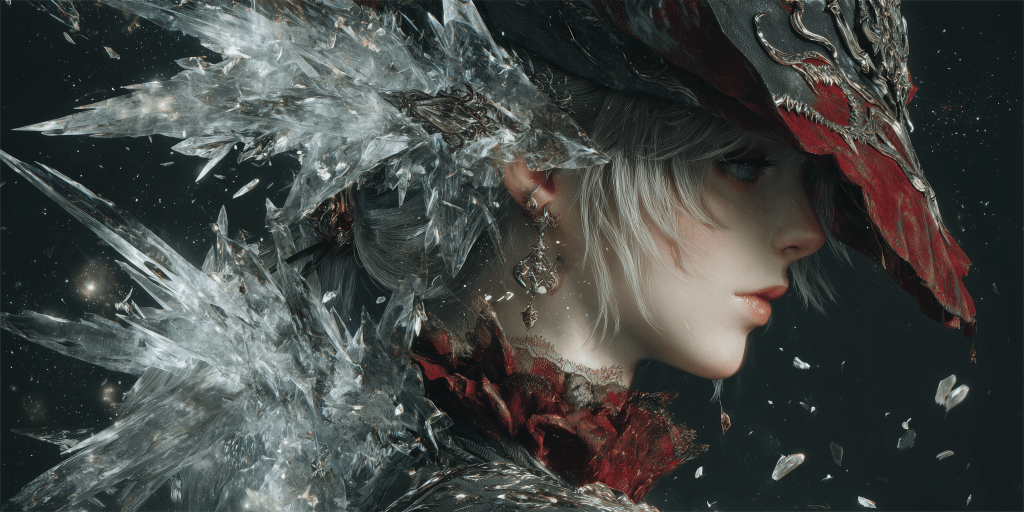 A close-up profile of a character with short, pale hair adorned with a dramatic, crystal-encrusted hat. The background features shards of ice, enhancing the mystical atmosphere.