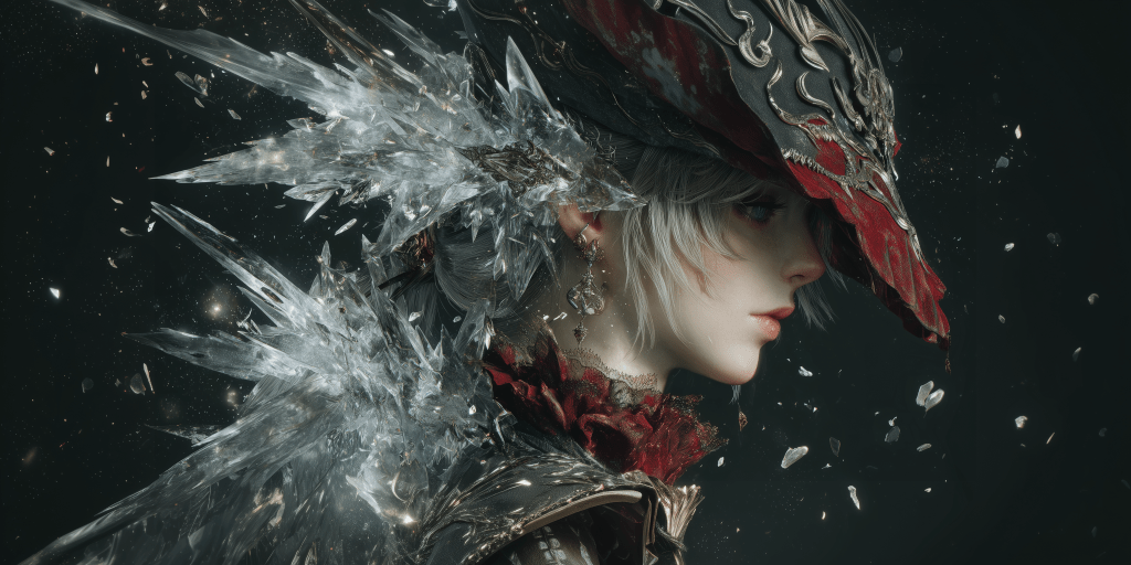 A profile view of a fantastical character with white hair and a detailed ornate hat adorned with crystals and embellishments, surrounded by shards of ice and a dark backdrop.