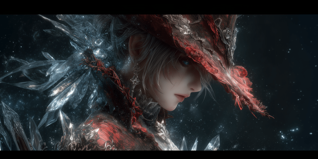 A close-up of a character with a detailed ornate hat and flowing hair, adorned with icy crystal-like elements, set against a dark starry background.