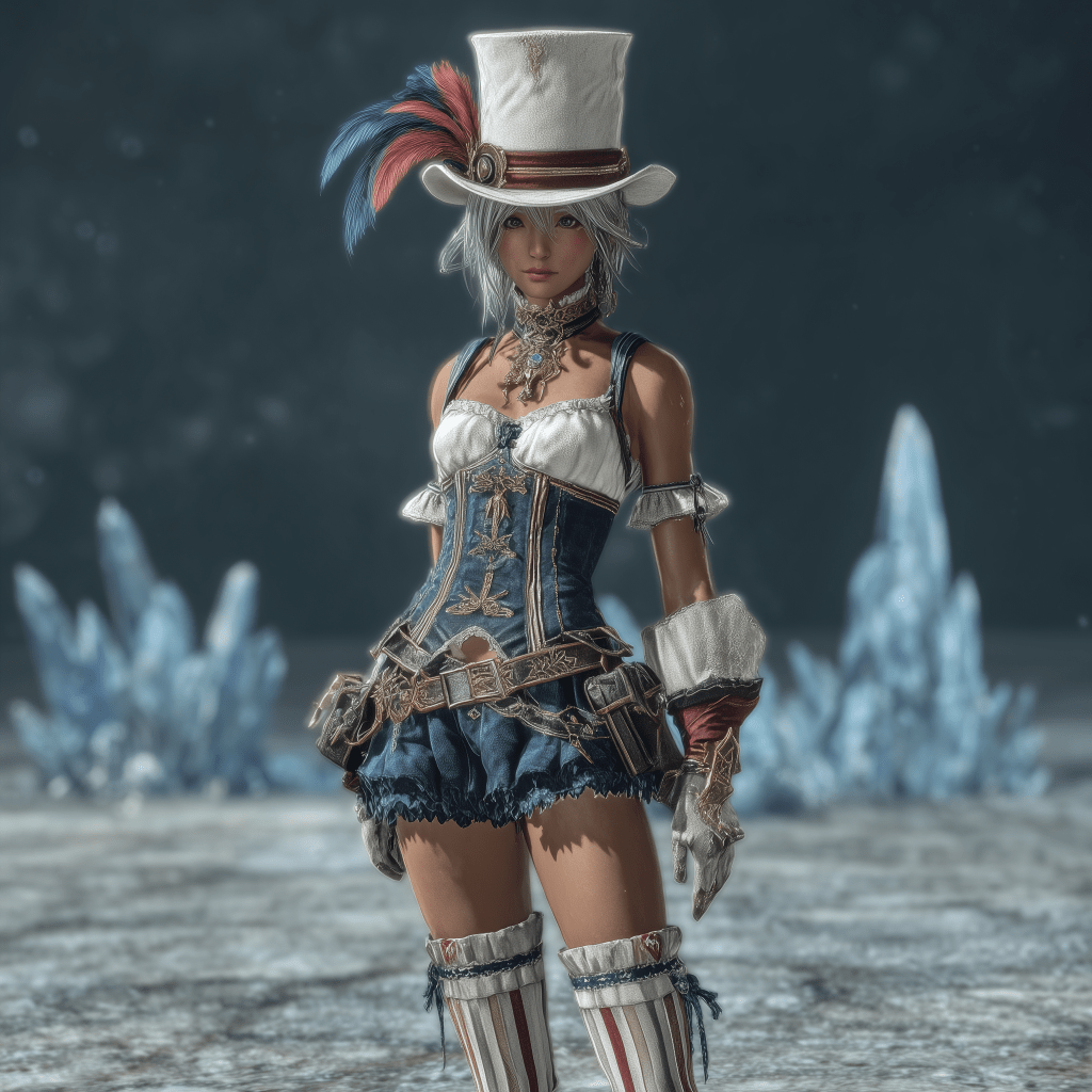 A female character wearing a stylish steampunk-inspired outfit with a tall white hat adorned with a feather. The outfit features a blue and white corset, ruffled shorts, and striped stockings, set against a backdrop of icy crystals.