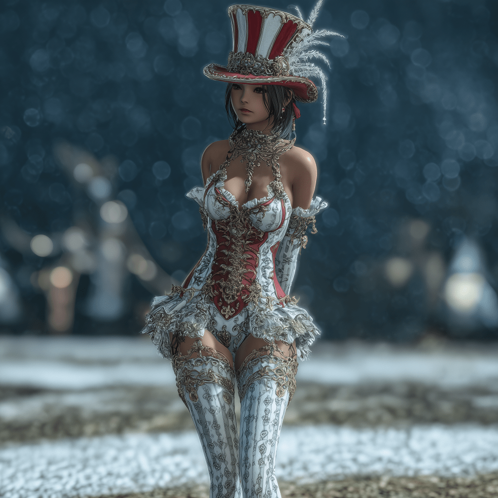 A female character wearing a red and white ornate costume and tall hat with feathers, standing against a blurred background with soft lighting.