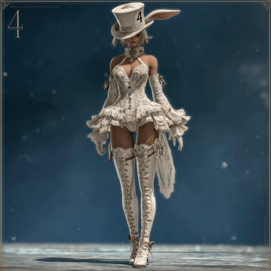 A character dressed in an elaborate, white outfit with a frilly skirt, thigh-high stockings, and a tall hat featuring bunny ears, standing against a softly lit, blue background.