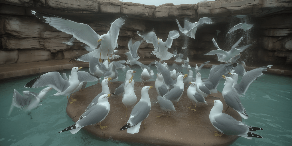 A group of seagulls gathered around a rocky platform in a pool of water, with some flying and others standing on the ground.