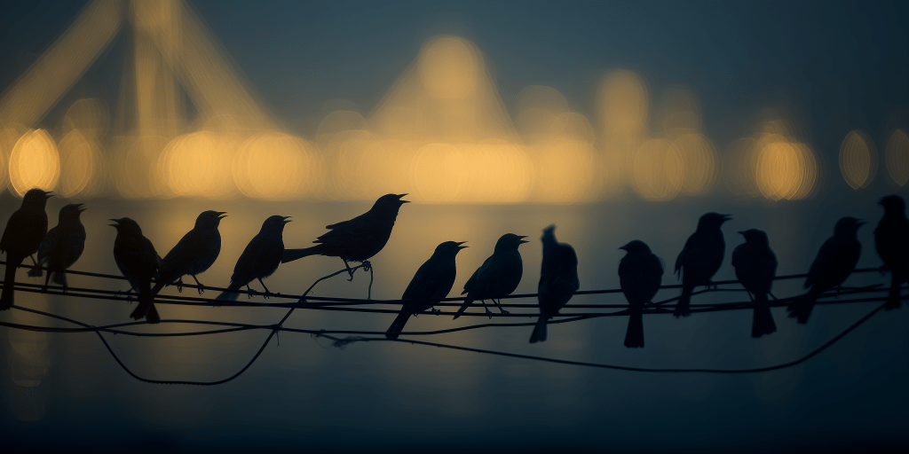Silhouette of birds perched on a wire against a blurred cityscape at night.