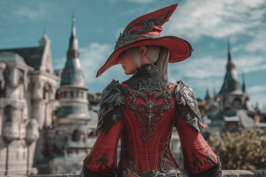 A character wearing a red and black ornate outfit with a large hat stands against a background of fantasy architecture, showcasing intricate details and a scenic sky.