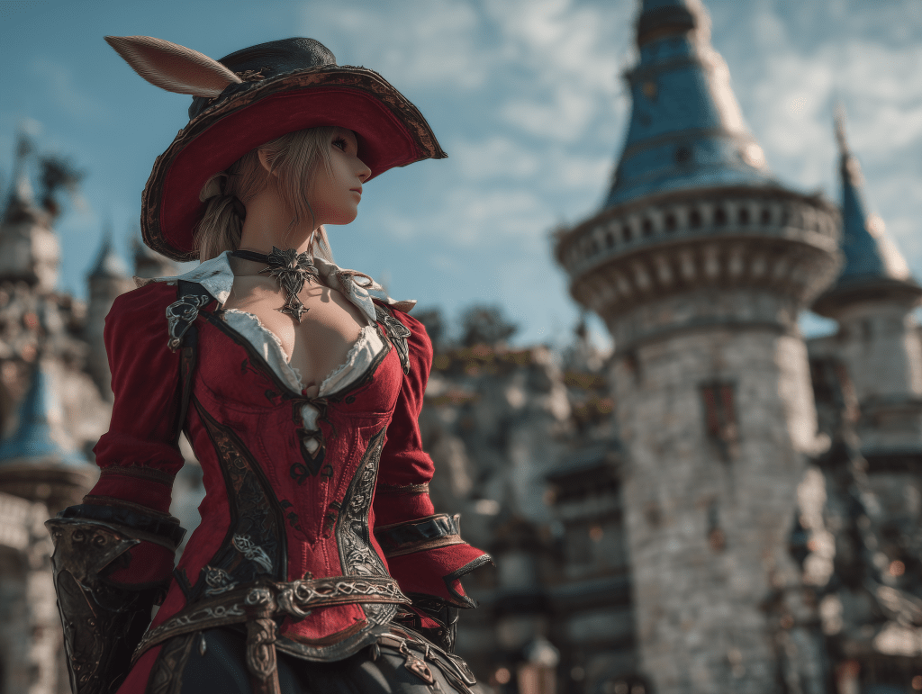 A character dressed in a detailed red outfit with a large hat, featuring bunny ears, stands in front of a fantastical castle backdrop under a clear blue sky.
