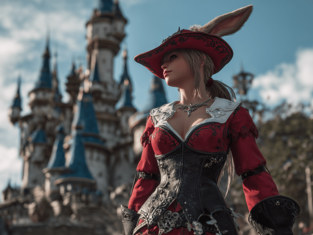 A fantasy character with bunny ears, wearing a red and black outfit, stands confidently in front of a tall castle with blue spires under a clear sky.