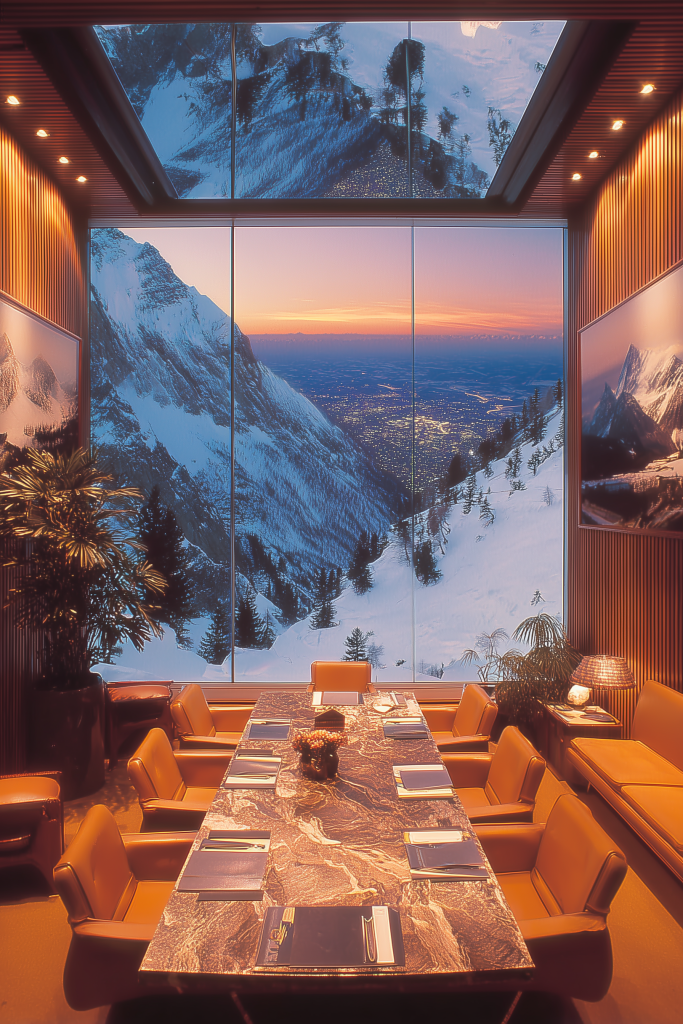 A modern conference room with a large marble table and comfortable leather chairs, featuring panoramic windows that showcase a snowy mountain landscape and a vibrant sunset.