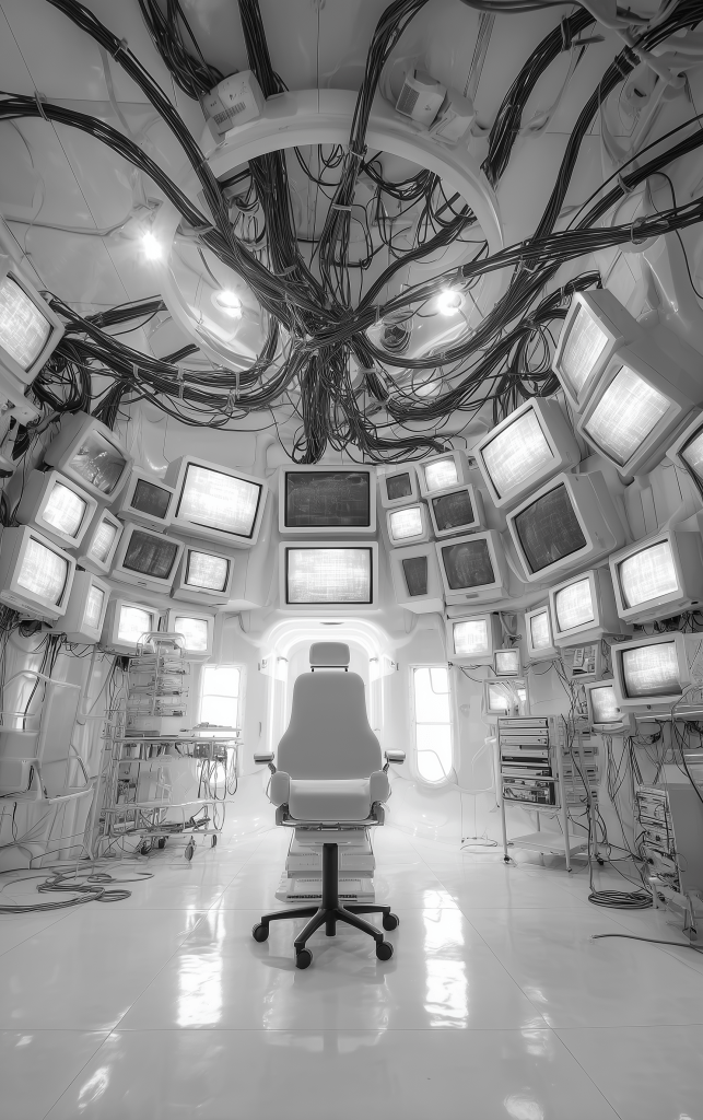 A futuristic control room featuring a central white chair surrounded by multiple vintage computer monitors displaying static, with numerous tangled wires overhead and medical equipment on the sides.